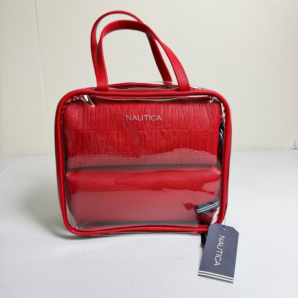 Nautica 3 Piece Cosmetic Bag Set Red Clear Travel Makeup Case Organizer